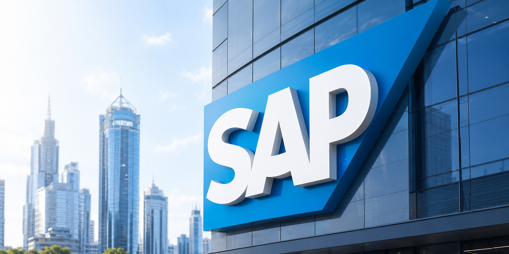 SAP branded office building exterior with city skyline